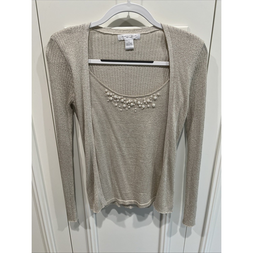 August Silk Gold Faux Pearl Embellished Pullover Twin Set Size Small Sparkle